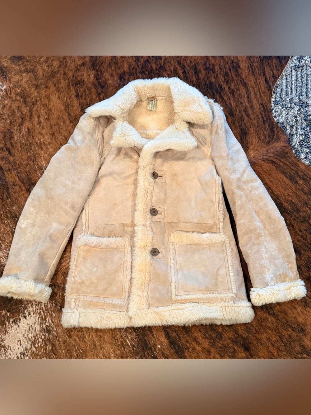 Vintage Romney Sheepskin Shearling Jacket Men's Tan Suede Rancher Coat 70s Sz 44